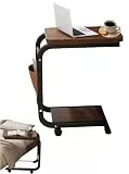 Mornly Nachttisch Beistelltisch C-Form mit 4 Rollen (2 bremsbar) - Couchtisch mit 2 Ebenen & Seitenfach, mobil und platzsparend, in Nussbaum-Optik
