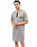 Enjoyoself Herren Nachthemd Kurzarm Baumwolle Einteiliger Schlafanzug Luftig Lang Nachtwäsche Shirt mit Knopfleiste Praktisch Sleepshirt Grau,XL