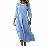Jamicy 3/4 Arm Leinenkleider Damen Sommer Kleider Loose Lang Sommerkleider Leicht Und Luftig Kleid Baumwolle Leinen Strandkleid Strand Maxikleid mit Tasche Sommerkleid Oversize Hellblau M