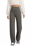 Glacspyg Weite Hose Damen Hohe Taille Sporthose Knopf Gerade Hosen mit Taschen Elastische Freizeithose Dunkelgrau XL