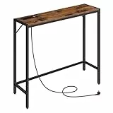 MAHANCRIS Konsolentisch mit Ladestation, 76,5 x 24 x 74 cm, Schmaler Beistelltisch Hinter Dem Sofa, 2 Steckdosen und 2 USB-Anschlüsse, für Wohnzimmer, Flur, Braun und Schwarz ACTHR76UE01N1