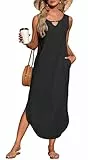 AUSELILY Sommerkleid Damen Schwarz Maxikleider 2024 Lang Ärmellos Schlitz Freizeit Strandkleid mit Taschen M