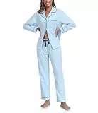 COLORFULLEAF Schlafanzug Damen Lang Baumwolle mit Knopfleiste Langarm Pyjama Set Nachtwäsche Schlafanzüge für Frauen Zweiteiler(Hellblau,S)