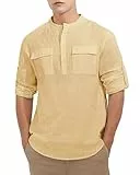 Loveternal Leinenhemd Herren Baumwollhemden Langarm Hemden Henley Herrenhemden Regular Fit Stehkragen Sommerhemd für Männer Casual Freizeithemden mit Tasche Business Shirts Anzug Hemd Khaki L