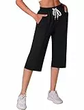 Crewhpo Jogginghose Damen 3/4 Lang Sporthose High Waist Freizeithose mit Taschen Einfarbige Hose Frauen Sweathose Trainingshose Yogahose für Sommer Schwarz