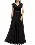 Dressystar Damen Abendkleid Lang Elegant für Hochzeit Spitze Chiffon Maxi Ballkleider Flügelärmel Cocktailkeider Schwarz M