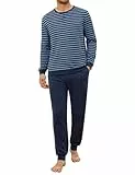 Crewhpo Herren Schlafanzug Lang mit Knöpfen Baumwolle Pyjama mit Rundhalsausschnitt Gestreifter Schlafanzüge Männer Nachtwäsche Langarm Loungewear Freizeitanzug Winter