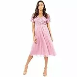 Maya Deluxe Damen Maya Deluxe Midi Evening Elegant for Wedding V-neck With Sequins Cocktail Women's Bridesmaid Dress, Rosa, 40 EU