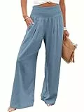 Imuedaen Leinenhose Damen Sommer Hose Casual Leinen Leicht Hosen Weites Bein Palazzo Freizeithose Hohe Taille Einfarbig Sommerhose Stoffhose mit Taschen (Hellblau, XL)