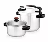 BRA Tekna | Leicht zu öffnendes Schnellkochtopf-Set 4+7 Liter, aus Edelstahl 18/10, mit 2 Kochprogrammen und Öffnungssperrsystem, geeignet für alle Küchentypen