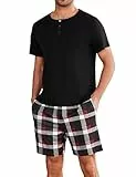 Uniexcosm Schlafanzug Herren Kurz Sommer Zweiteiliger Pyjama Set Nachtwäsche Kurzarm Oberteil und Kariert Schlafshorts für Männer Schwarz M