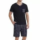 LANBAOSI Schlafanzug Herren Kurz Zweiteiliger Pyjama Set V-Ausschnitt Nachtwäsche Kurzarm Oberteil und Karierte Schlafanzughose Hausanzug Sleepwear