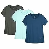 icyzone Damen Sport Shirt Kurzarm Fitness Gym T-Shirt Atmungsaktive Laufshirt Sport Oberteile, 3er Pack (XL, Dark Grey/True Navy/Aqua)