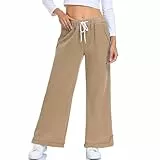 HOTIAN Hose Weites Bein Damen High Waist Hosen mit Elastischer Taille Lockere Sport Activewear Hose mit Taschen Freizeitshosen mit Schlitz