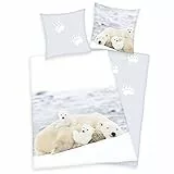 Klaus Herding GmbH Flanell Bettwäsche Set mit Eisbär 135 x 200 cm 80 x 80 cm 100% Baumwolle