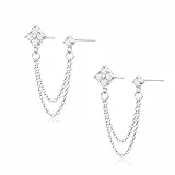 HARJJME Ohrringe Silber 925/Glod für Damen 14K Vergoldet Ohrring Kette Hängend Wasserfest Doppel Piercing Ohrstecker Kleeblatt CZ Ohrringe für Mehrere Ohrlöcher Schmuck Geschenk