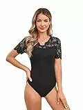 GORGLITTER Damen Body Elegant Spitzenbody Kurzarm Spitzen Bodysuit Oberteil Tunika Bodys Blusebody Dirndlbody mit V-Ausschnitt Spitze Schwarz XL