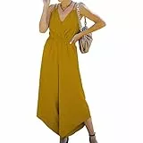 Ejoyous Frauen Jumpsuits Lässige ärmellose Gekreuzte V-Ausschnitt Jumpsuits Strampler Lockere Lange Hosen mit Weitem Bein für Frauen(L 56cm / 22.05in-Gelb)
