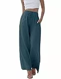 Imuedaen Damen Hosen Sommer Leinen Leicht Casual Locker Leinenhose Freizeithose Palazzo Hose Weite Leg Hose Sommerhose Hohe Taille mit Tunnelzug und Taschen (A Blau, M)