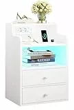 IRONCK Nachttisch LED mit Steckdose und Ladefunktion, Beistelltisch Holz, Nachtschrank mit 2 AC, 1 USB& 1 Type-C Anschlüsse, Sofatisch mit 2 Schubladen, Nachtkästchen Wohnzimmer,Schlafzimmer, Weiß