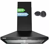 COMFEE' CH60A17EM400B A++ Dunstabzugshaube 60cm Umluft & Abluft, Wandhaube mit Aktivkohlefilter, 400m³/h Luftstrom, 5 Schichten Waschbarer Fettfilter, Einstellbarer Kamin, Schwarz