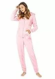 Eight 2 Nine Damen Teddyfleece Jumpsuit mit Kapuze und Öhrchen, Flauschiger Overall mit Daumenlöchern, kuschelig bequemer One-Piece für entspannte Stunden, schwarz, grau, rosa XS-XL Rose L/XL