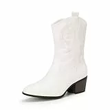 DREAM PAIRS Damen Cowboy Stiefel, Knöchelhohe Cowgirl Stiefel mit Stickerei, runde Zehen, Western Chunky Niedrigabsatz Schuhe,Size 40,Weiss,DWUMMB2505