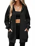 CMTOP Kapuzenpullover Damen Lang Dünne Fleece Hoodie Classics Freizeit Sweatshirt Basic Casual Sweatjacke Einfarbig Kapuzenjacke Streetwear Hoody mit Kapuze Reißverschluss Taschen(Schwarz,XL)