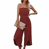 Ejoyous Damen Jumpsuit Ärmellos elegant Overall Damen trägerloser Kurzärmeliger Jumpsuit Strapless Jumpsuit Tube Top Jumpsuit Off Shoulder Jumpsuit Weites Bein(S-Dunkelrot)