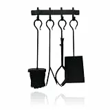Relaxdays Kaminbesteck, 5-TLG. Set, Schürhaken, Schaufel, Aschebesen, Feuerzange, Wandhalterung, Ofengarnitur, schwarz