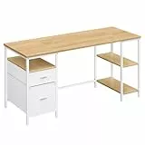 VASAGLE Computertisch, Bürotisch, Schreibtisch, mit 3 Ablagen, 2 Schubladen, 160 x 60 x 76 cm, fürs Büro, Wohnzimmer, moderner Stil, natureichenfarben-wolkenweiß LWD105YD01