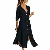 KOG Langarmkleider Damen Elegant Einfarbige V-Ausschnitt Freizeitkleider Große Größe Langarm Kleid mit Taschen Cocktailkleid Herbst Baumwolle Leinen Partykleid Strandkleid Schwarz L