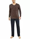 Demegimi Schlafanzüge Herren Lang Baumwolle Pyjama Männer Streifen V-Ausschnitt Lounge Wear Herren Schlafanzug Warm Winter