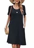 Bequemer Laden Damen Casual Sommer T Shirt Kleid Kurzarm Swing Kleider mit Taschen, L, Schwarz