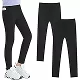 Adorel Mädchen Sport Leggings Lang Fitness Gymnastik Hosen Sporthosen 2er-Pack Schwarz (mit Tasche) 140-146 EU (Herstellergröße 150)