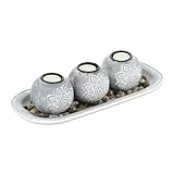 Relaxdays Teelichthalter Set mit Tablett & Steinen, 35 cm lang, Tischdeko Wohnzimmer, Esszimmer, Kerzenhalter, grau/weiß