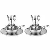 Camping Besteck Set für 2, ISFORU Edelstahl Geschirr Messetui inklusive Teller, Tasse, Schüssel, Besteck mit Netzbeutel, Geschirr-Utensilien-Set für Outdoor-Camping, Wandern und Picknick