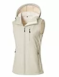 CMTOP Softshell Weste Damen Outdoor Fleece Gefütterter Westen Wasserdichte Winddichte Ärmelloser Jacke Leichte Gilet mit Kapuze, Mehrfach-Tasche für Sports Wandern Laufen(Beige,L)
