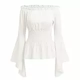 ABEHIK Damen Mittelalter Oberteil Falten Ärmelstulpe Korsett Bluse Gothic Off Shoulder Top Langarm Renaissance Trachtenbluse Shirt weiß M