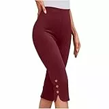 Topassion Capri Leggings Damen 3/4 Sport Leggins High Waist 7/8 Yoga Hose Kurze Sporthose Blickdicht Sommer Gym Hosen Yogahose mit Knöpfen Trainingshose Laufhose Caprihose Sommerhose(Wine,3XL)