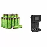 Amazon Basics – AA-Batterien mit hoher Kapazität, wiederaufladbar, 2400 mAh (16er-Pack), vorgeladen & Intelligentes, digitales Akku-Ladegerät für 4 AA-, AAA-Akkus