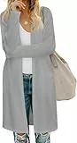 Fisoew Damen Strickjacke Open Front Langarm Cardigan Leicht Strickmantel Lang Pullover mit Taschen,Grau,XXL
