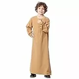 OBEEII Muslimischer arabischer Jungen-Bademantel, einfarbig, Thobe, langärmelig, Kaftan, bestickt, islamisch, arabisch, Abaya Thobe, Braun, 11-12 Jahre