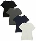 Amazon Essentials Damen Kurzärmliges Regular-Fit-T-Shirt (Varianten mit Rundhalsausschnitt und V-Ausschnitt), Pack of 4, Dunkelgrau Meliert/Marineblau/Weiß, XL