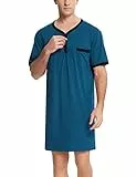 Enjoyoself Herren Nachthemd Baumwolle Kuschelig Kurzarm Runhals Nachtwäsche Shirt mit Seitenschlitze Luftig Einteilig Schlafanzug Blau,L