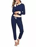 Aseniza Schlafanzug Damen Lang Pyjamas Baumwolle Zweiteiliger Nachtwäsche Lounge Set Langarm Hausanzug für Frauen mit Bündchen,A-Dunkelblau,S