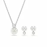 Swarovski Matrix Set, Weiße, Rhodinierte Halskette und Ohrringe mit Kristallperle und Strahlenden Kristallen im Rundschliff