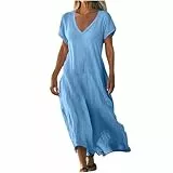 AACH Strandkleid Damen Lang Sommerkleider Elegant Kurzarm Freizeitkleid Lose Boho Maxikleid V-Ausschnitt Kleider Baumwolle Leinen Kleid Beach Einfarbig Leinenkleid Casual Fließend Blusenkleid
