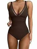 RXRXCOCO V Ausschnitt Sexy Mesh Badeanzug Damen Bauchweg Shape Bademode Rückenfrei Badeanzug Mit Cups Swimsuit Braun XL