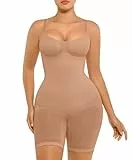 FeelinGirl Shapewear Damen Body Shaper Bauchweg Sculpting Nahtloser Atmungsaktiver Bodysuit mit Verstellbarem Schultergurt Überbrust V-Ausschnitt Leichter Kaffee XL/XXL